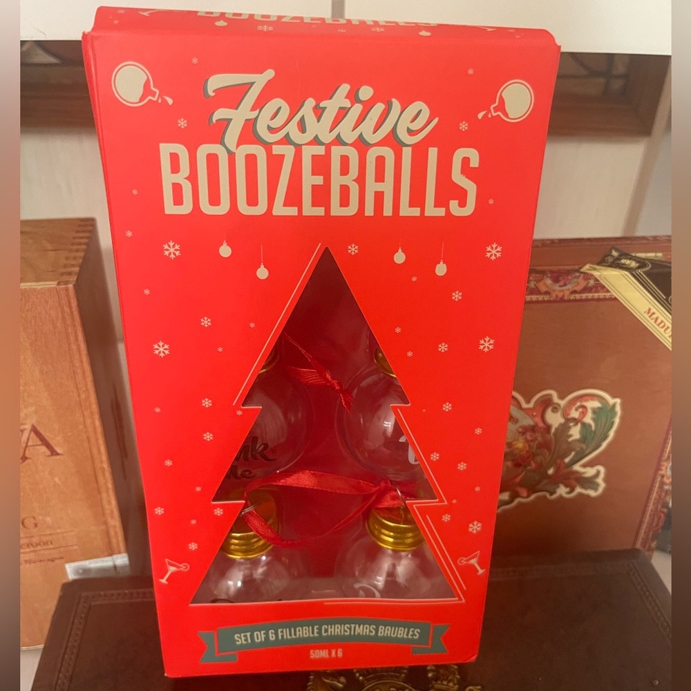 BoozeBalls Festive 6 ornaments that say “DrInk Me” New in Box